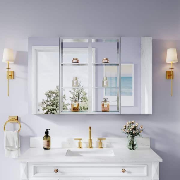 48.1 in. W x 30 in. H Rectangular Polished Aluminum Tri-view Soft Close Medicine Cabinet with Mirror Combo, Reversible