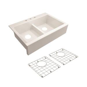 Farmhouse Apron-Front Fireclay 34 in. 3-Hole Double Bowl Kitchen Sink in White with Bottom Grid