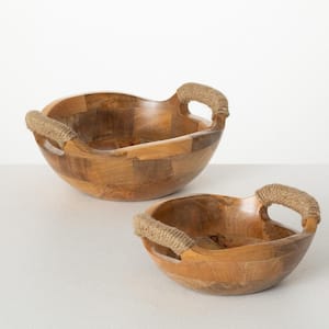 8.75 in. L and 10.75 in. L Rustic Wood Bowl Set with Handles; Brown