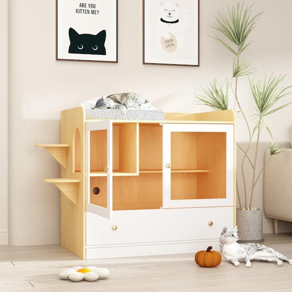 FUFU&GAGA Luxury Cat Litter Box Enclosure, Multi-Purpose Cat Condo Hidden Litter Box with Drawer and Stairs for Cat White with Log