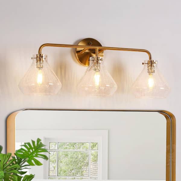 LNC Modern 23.6 in. 3-Light Plated Brass Vanity Light with Bell Handmade Crackle Glass Shades Linear Bathroom Wall Light