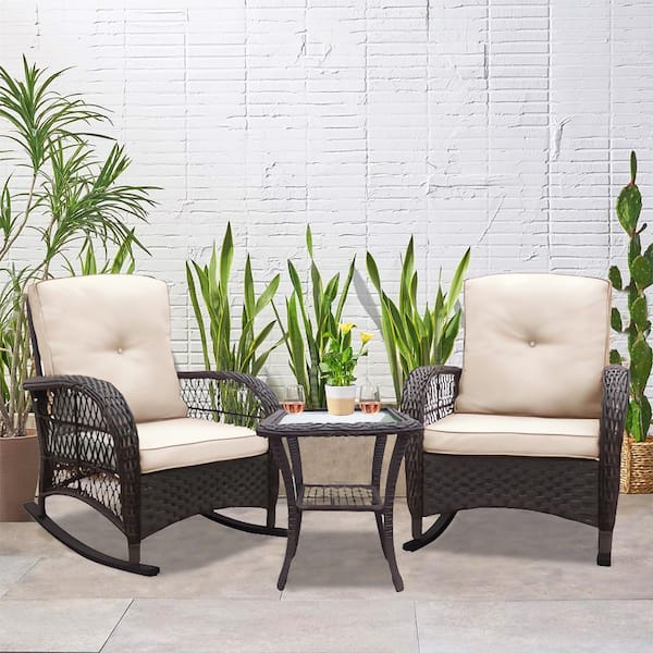 Sudzendf Brown 3-Piece Wicker Outdoor Patio Conversation Set with Beige Cushions, Rocking Chair with Glass Top Side Table