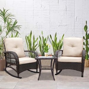 Brown 3-Piece Wicker Outdoor Patio Conversation Set with Beige Cushions, Rocking Chair with Glass Top Side Table