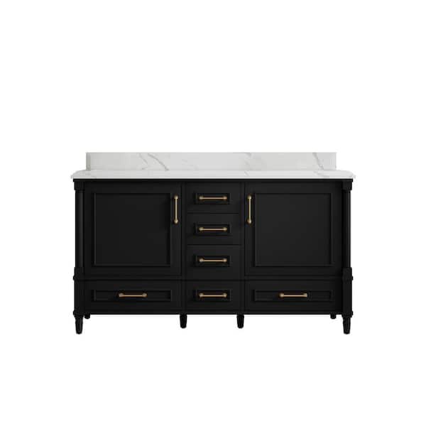 Willow Collections Hudson 60 in. W x 22 in. D x 36 in. H Double Sink Bath Vanity in Black with Cove Edge Calcutta Qt. Top