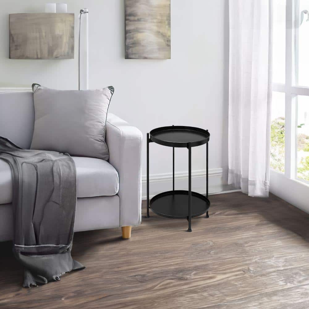 15" Black Metal Round Tray Top Side Table with Foldable Legs
