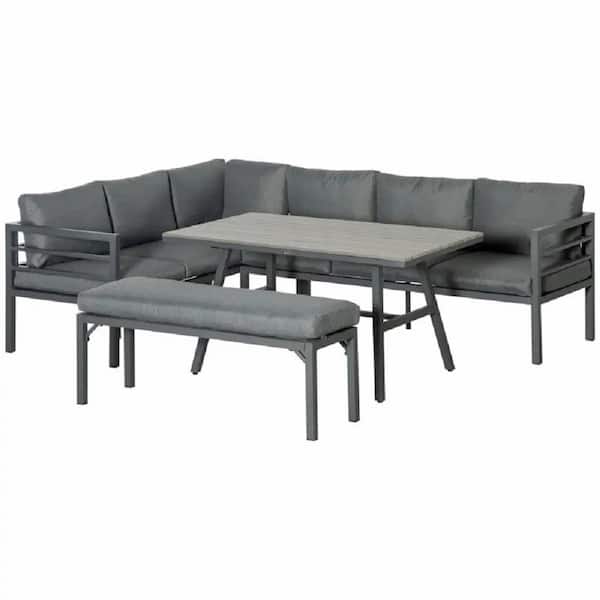 FORCLOVER Gray 4-Piece Aluminum Patio Conversation Set with Gray Cushions and Patio Bench