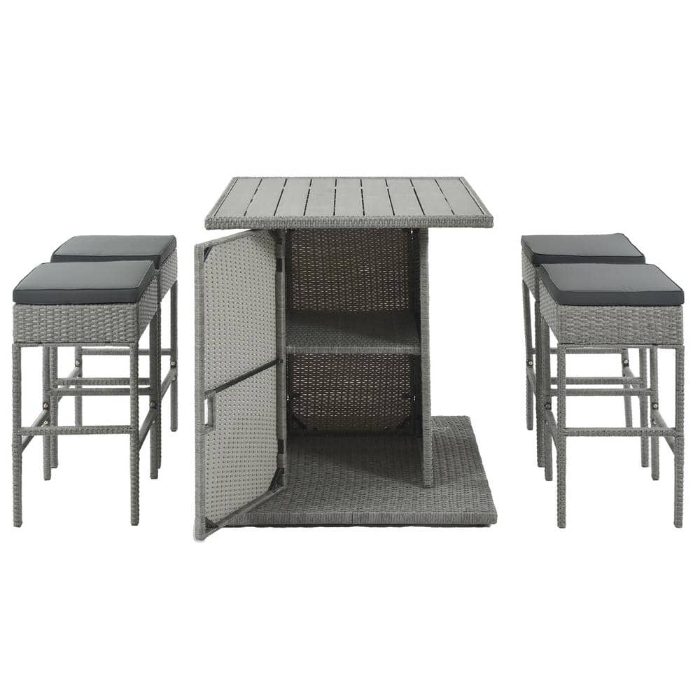5-Piece PE Wicker Square Counter Height Outdoor Dining Table Set with Gray 