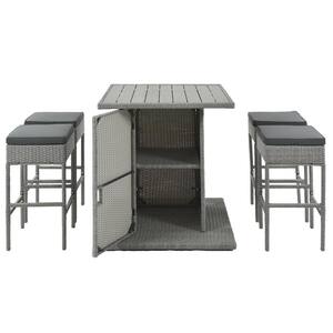 5-Piece PE Wicker Square Counter Height Outdoor Dining Table Set with Gray Cushions, Storage Shelf and 4 Padded Stools