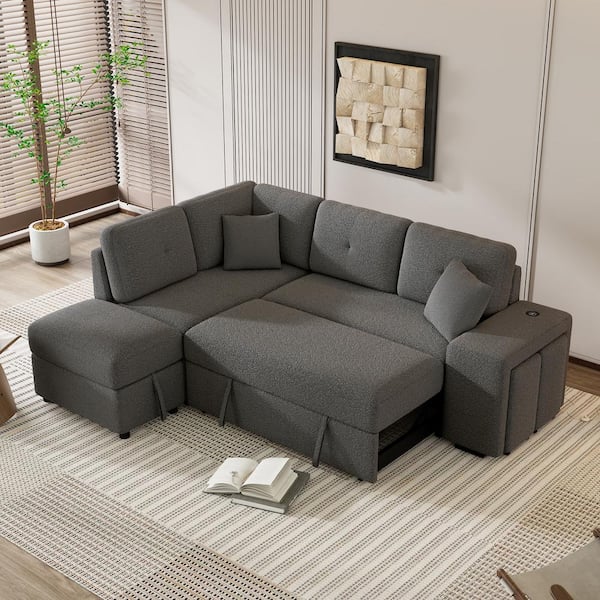 87 in. Convertible Pull Out Sleeper Chenille Sectional Sofa Bed with Storage Ottoman, Stools, Throw Pillows, Dark Gray