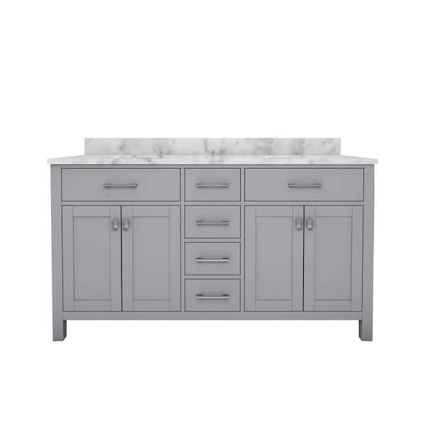 Sinber STYLE1 60 in. W x 22 in. D x 35 in. H Ceramic Sink Freestanding Bath Vanity in Gray with Carrara White Marble Top