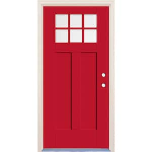 36 in. x 80 in. Left-Hand 6-Lite Clear Glass Ruby Red Painted Fiberglass Prehung Front Door with 6-9/16 in. Frame