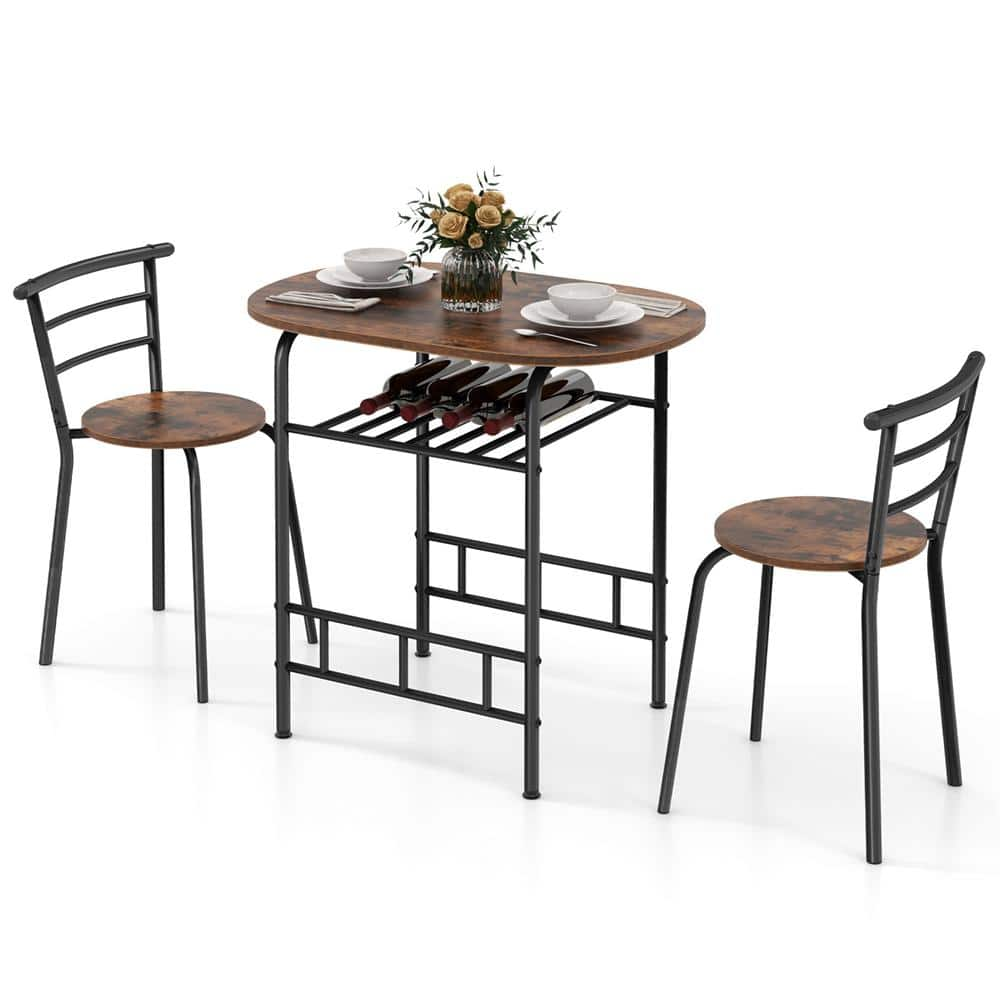 Costway 3-Pieces Round MDF Brown Bar Table Set Breakfast Home Kitchen ...