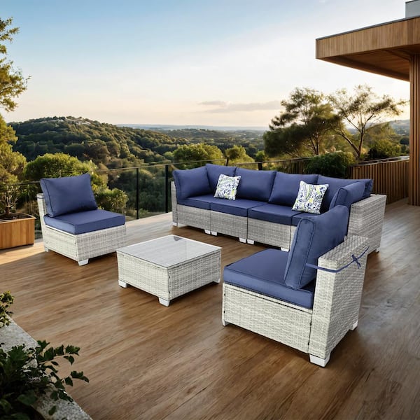 Unbranded 7-Piece Brown Wicker Outdoor Sofa Loveseat Patio Conversation Seating Set with Dark Blue Cushions