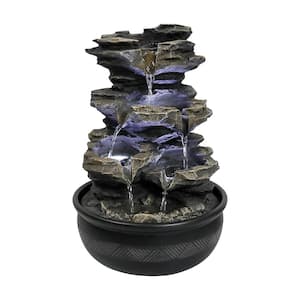 Resin Tabletop Fountain - 11.4 in. 4-Tiered Resin-Rock Fountain Indoor with LED Lights for House, Home, Office Decor
