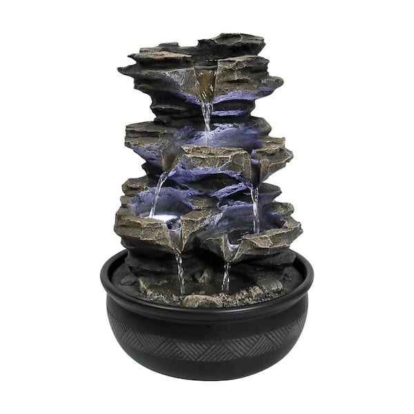 Watnature Resin Tabletop Fountain - 11.4 in. 4-Tiered Resin-Rock Fountain Indoor with LED Lights for House, Home, Office Decor