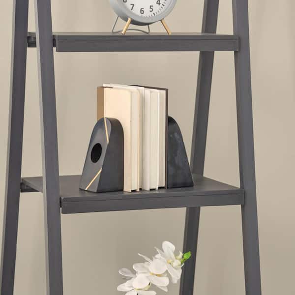 Litton Lane Black Marble Curved Pyramid Geometric Bookends with Diagonal Gold Stripes (Set of 2)