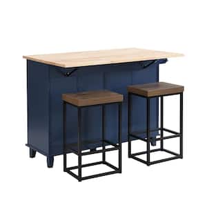 Blue Drop Leaf Rubber Wood Tabletop 50.3 in. Kitchen Island with 2-High Quality Stools