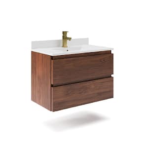 Formosa 24 in. W Modern Single Sink Wall Hung Bath Vanity in Warm Walnut with Quartz Stone Vanity Top in White