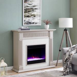 Sanderston Color Changing Penny Tiled 48 in. Electric Fireplace in Gray and White