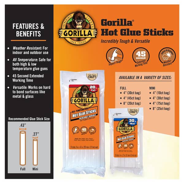 Gorilla 3032016 Hot Glue Sticks 8 Full Size (20 Count), Clear (2 PACK)