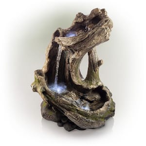 41 in. Tall Outdoor Rainforest Curved Log Water Fountain with LED Lights