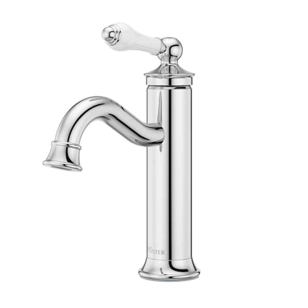 Courant Single-Handle Single Hole Bathroom Faucet with Deckplate and Drain Kit in Polished Chrome with Porcelain Handle