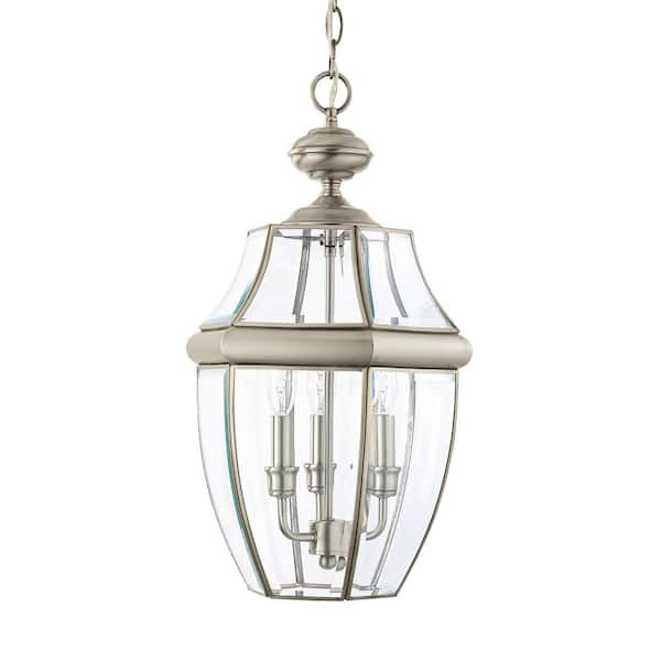 Generation Lighting Lancaster 3-Light Antique Brushed Nickel Outdoor Hanging Pendant with Dimmable Candelabra LED Bulb