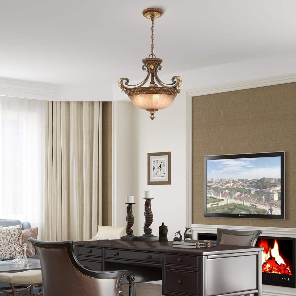 Villa Verona Rustic Art Glass 3-Light Pendant in Bronze and Gold