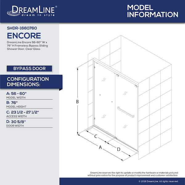 DreamLine SHDR-1660760-04 Encore 56-60 in. W x 76 in. H Semi-Frameless Bypass Sliding Shower Door Brushed Nickel