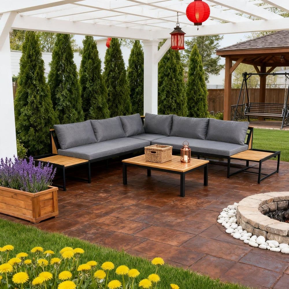 人文 #OUTDOOR 4-Piece Wood Outdoor Sectional Set with Gray Cushions, Coffee