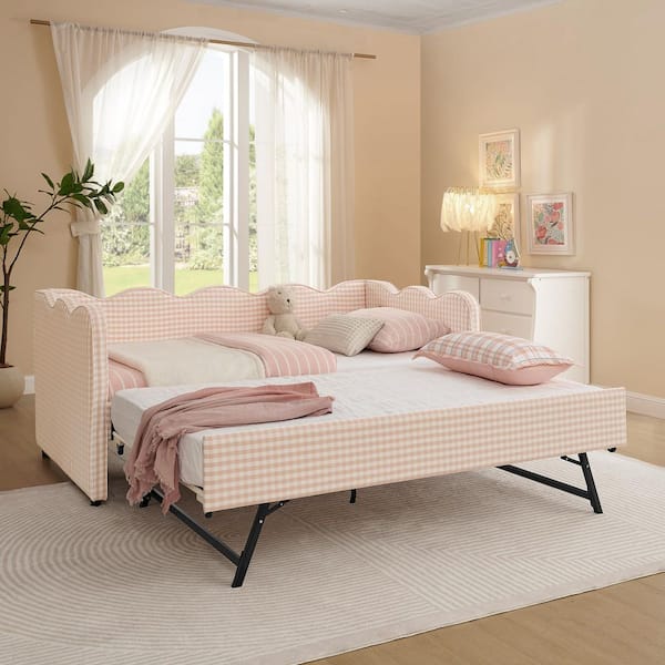 Pink Wood Outdoor Cozy Gingham Day Bed Frame with Twin Size Trundle No Box Spring Needed