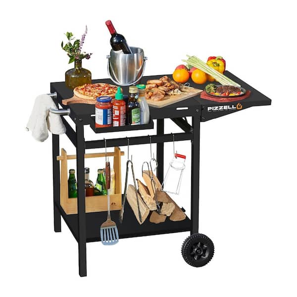 Unbranded Black Outdoor Grill Dining Cart Movable Pizza Oven Trolley BBQ Stand Grill Cart with 2 Wheels