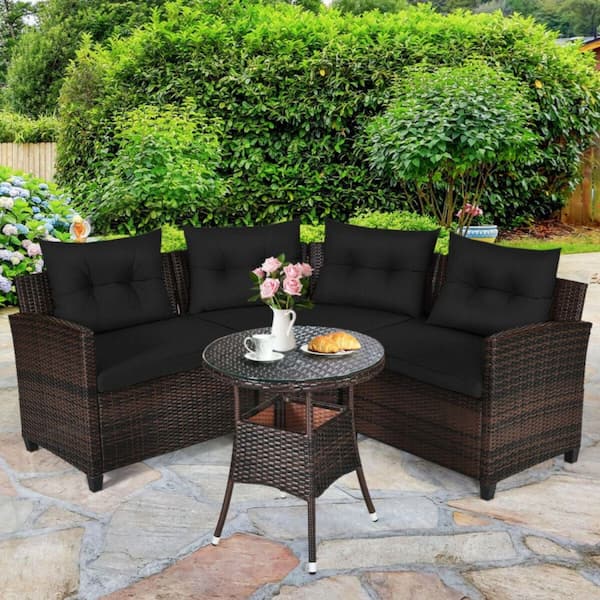 4-Piece Outdoor Rattan Metal Patio Conversation Set with Cushion in Black