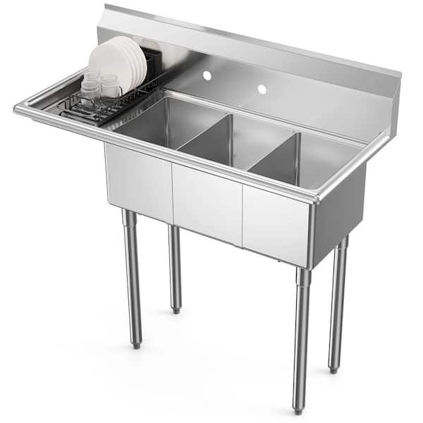 44 in. Freestanding Stainless Steel 3-Compartment Commercial Kitchen Sink with Left Side Drainboard