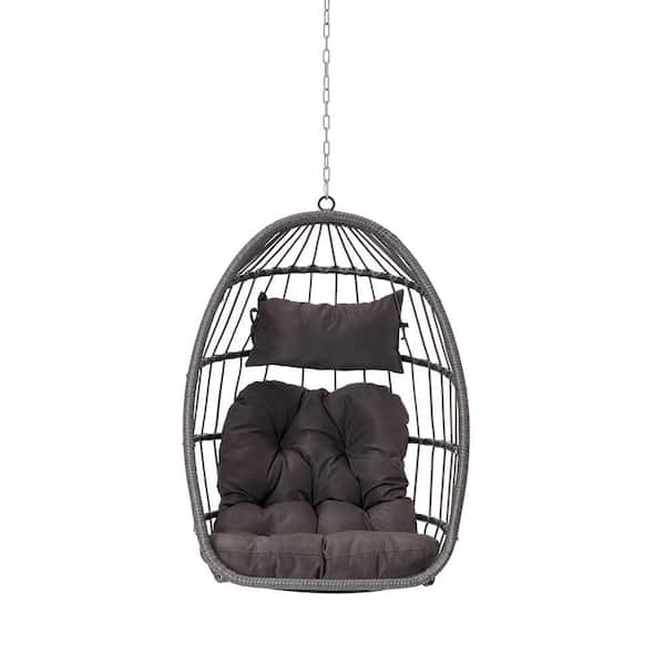 Sudzendf Modern Outdoor Garden Wood Rattan Egg Swing Chair Hanging Chair Porch Swing with Dark Gray Cushion