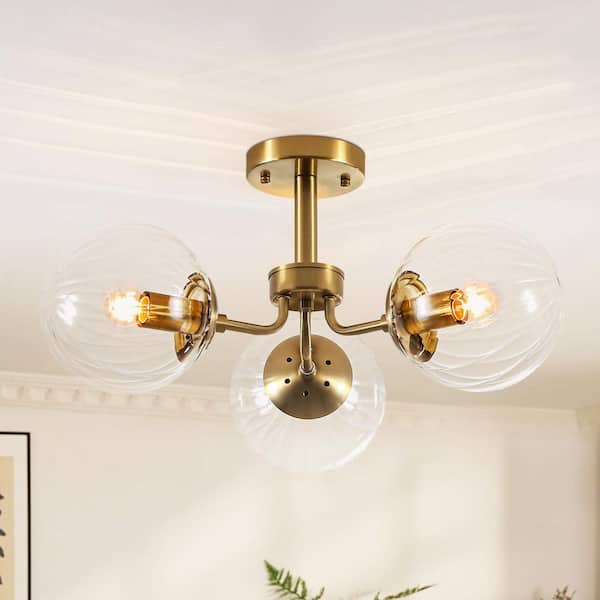 Zora 22 in. 3-Light Brass Modern Globe Semi-Flush Mount Chandelier with Clear Ribbed Glass Shades, No Bulbs Included