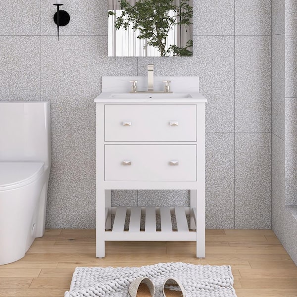 JimsMaison 24 in. W x 19 in. D x 37 in. H Single Sink Freestanding Bath Vanity in White with White Engineered Stone Composite Top