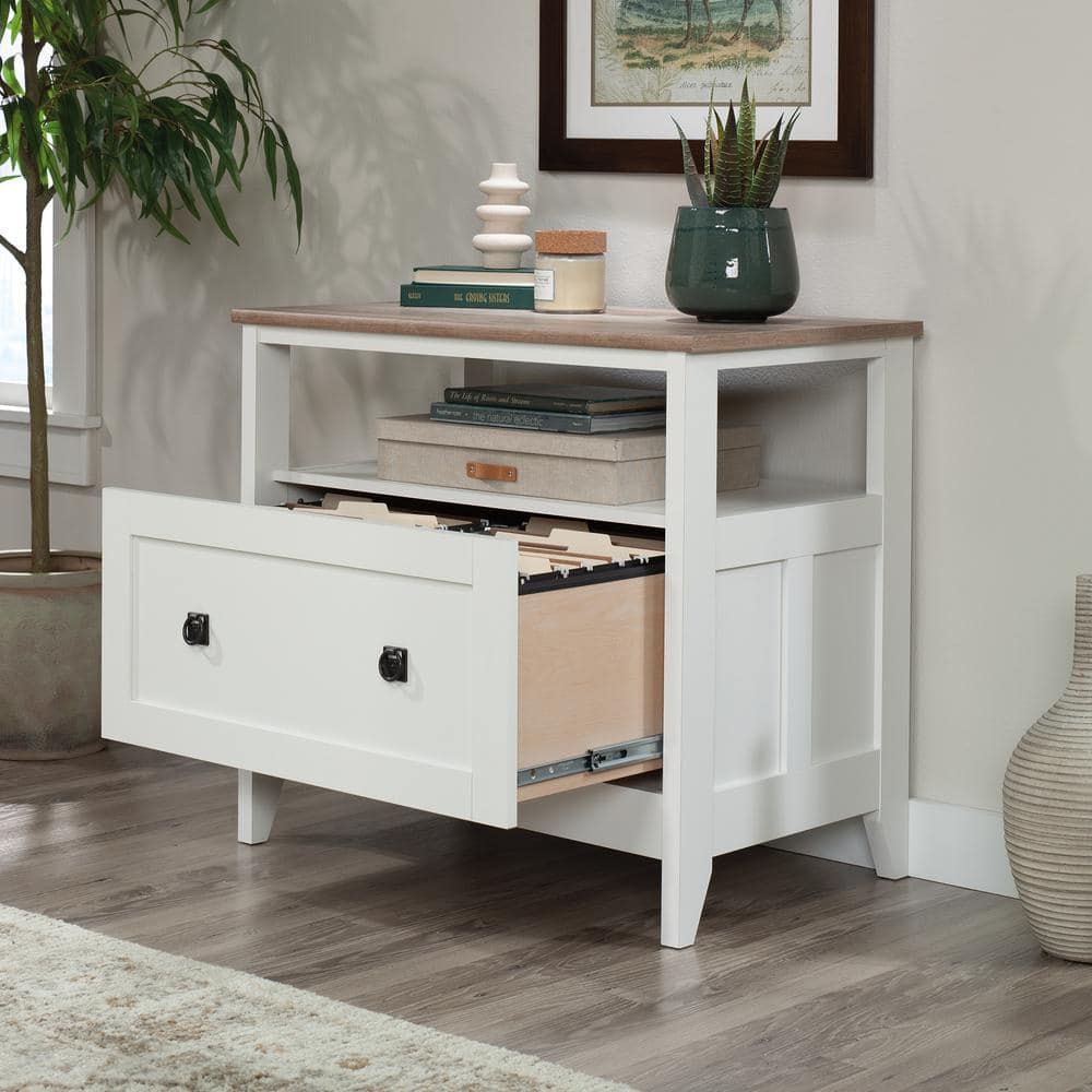 Soft White and Oak Lateral File Cabinet with Open Shelf