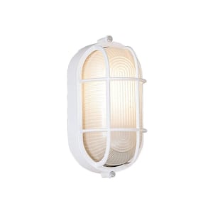 Oval 1-Light White Outdoor Ceiling Mount Bulkhead Fixture with Ribbed Frosted Glass Shade