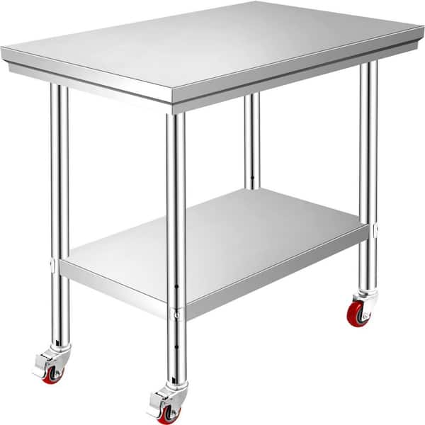 SKYSHALO Stainless Steel Work Table Commercial Kitchen Prep Table 36 in. x 24 in. with 4 Wheels Heavy Duty Work Table