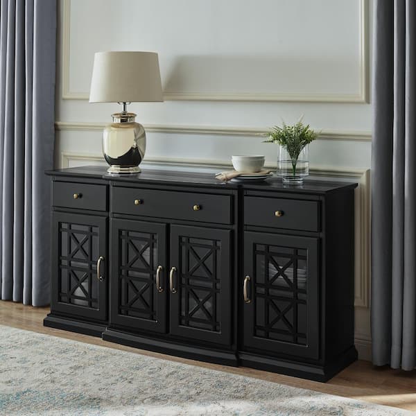 Walker Edison Furniture Company Landon Fretwork 60 in. Black 4-Door Sideboard with 3-Drawers