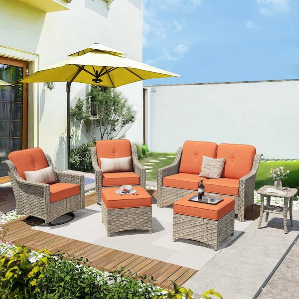 Tulip L Gray 6-Piece Wicker Patio Outdoor Conversation Sofa Set with Swivel Rocking Chairs and Orange Red Cushions