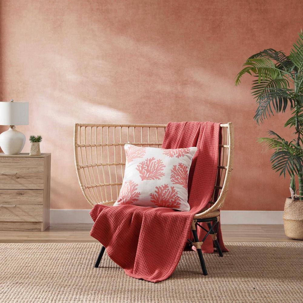 Coral Embroidered Square Coastal Throw Pillow