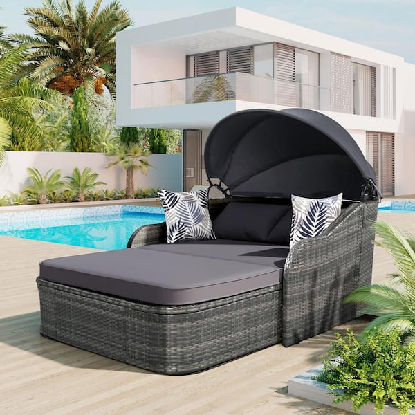Cesicia 79.9 in. L PE Rattan Gray Wicker Outdoor Sunbed Day Bed with Adjustable Canopy Double Lounge in Gray Cushion