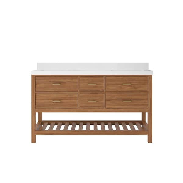 Willow Collections Parker Teak 60 in. W x 22 in. D x 36 in. H Double Sink Bath Vanity in Golden Teak with 2 in. White Quartz Top