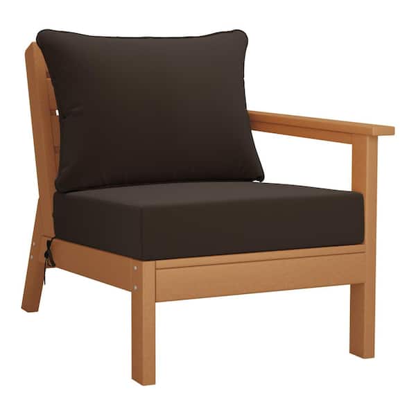 Birchwood Outdoor Patio Deep Seating Right Facing Arm HDPE Lounge Chair in Teak with Brown Cushions