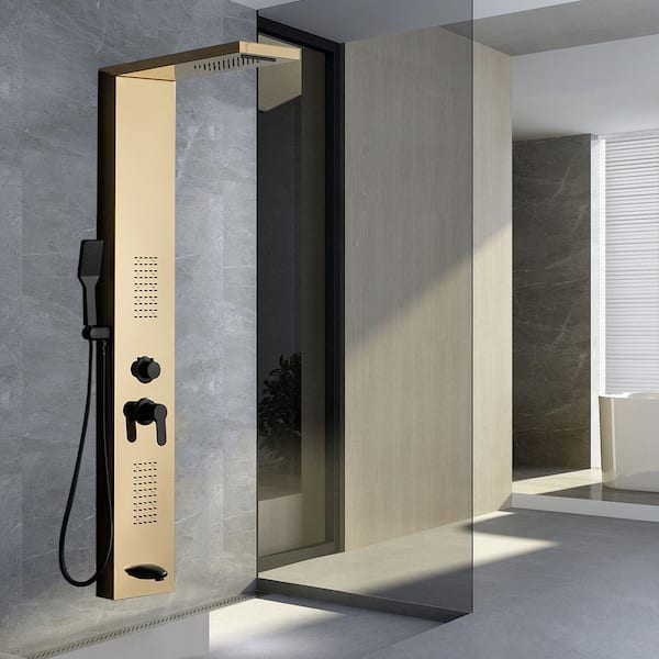 4-in-1, 2-Jet Shower Panel Tower System with Led Rainfall Waterfall Shower Head, and Massage Body Jets in Black Gold