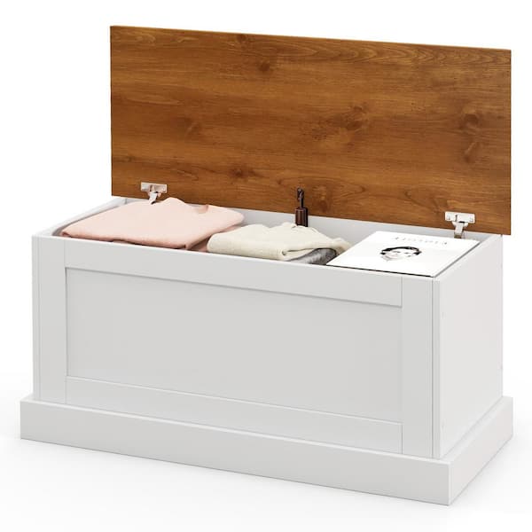 Gymax 35.5 in. W x 16 in. D x 18 in. H White and Natural Wood Outdoor Storage Cabinet