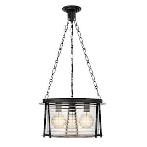 Cape Harbor Pendant 18 in. 3-Light Matte Black Pendant Light with Water hammered Glass Shade with No Bulbs included