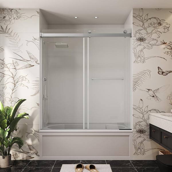 YINVANI 60 in. W x 60 in. H Double Sliding Frameless Bypass Bath Tub Door in Chrome with Easy-Clean 3/8 in. Clear Glass